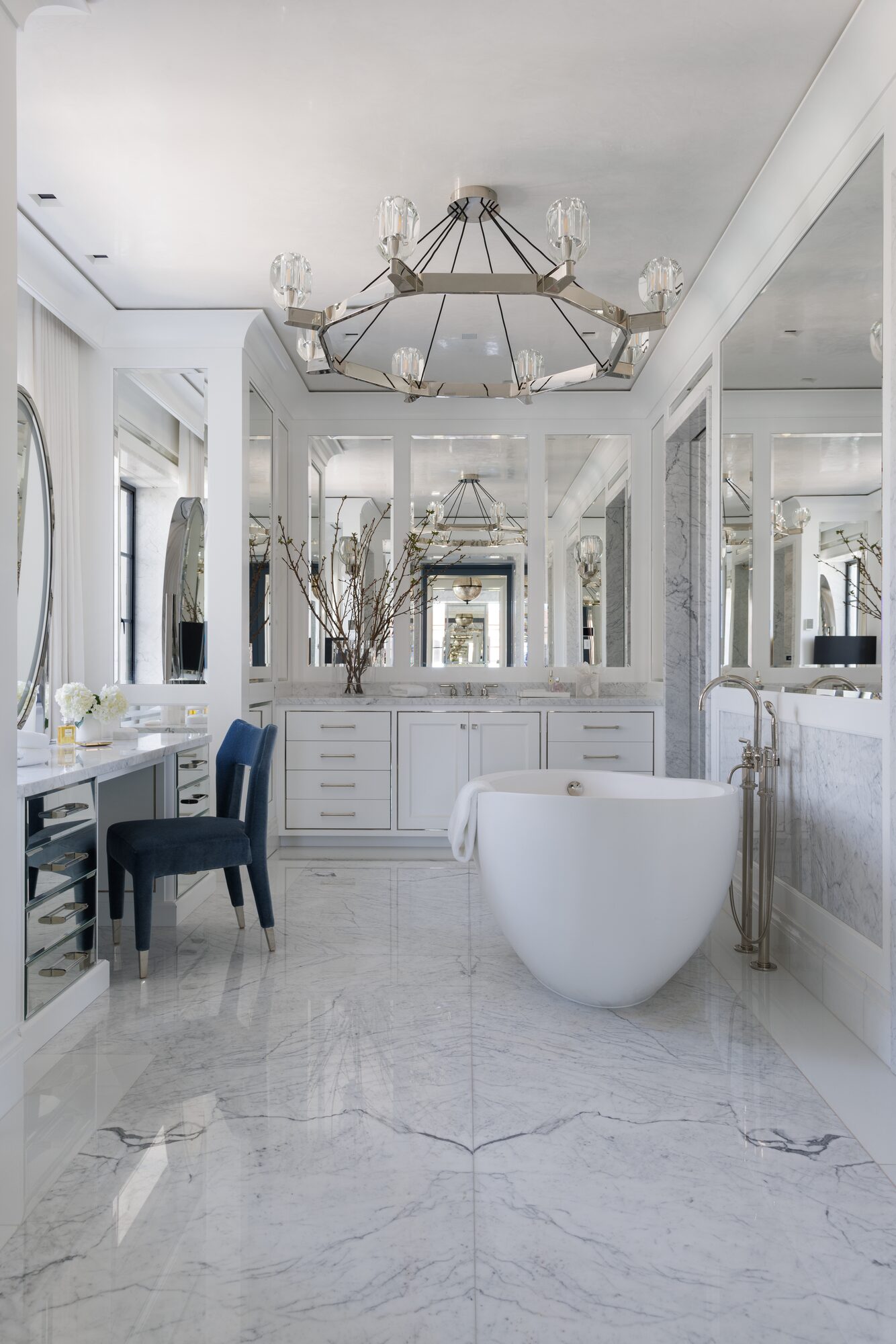 Luxury marble primary bathroom with freestanding soaking tub — Atlanta interior photographer